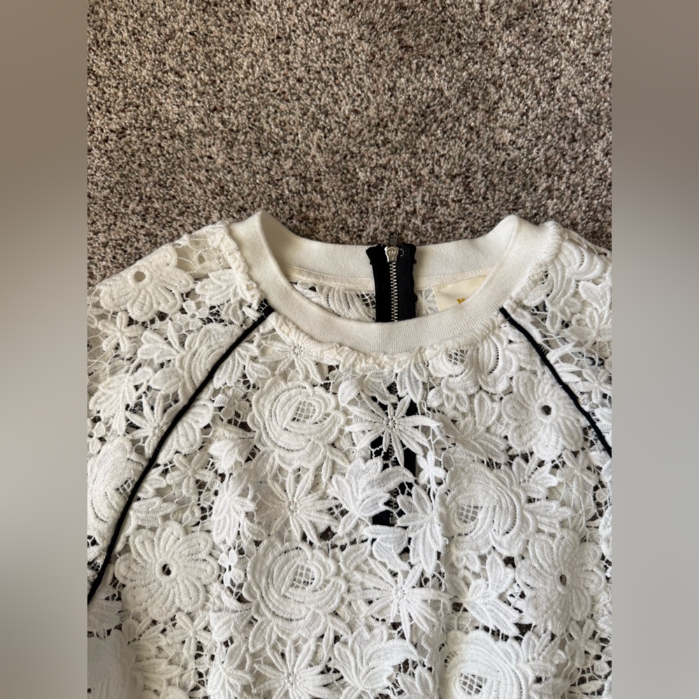 Anthropologie Maeve lace long sleeve white top black cuffs Small SO CUTE! Zipper - Picture 4 of 12